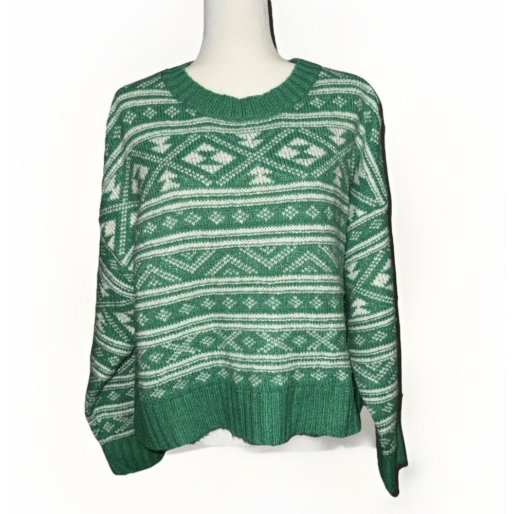 American Eagle Green Fair Isle Sweater Crewneck Snowdrift Warm Cozy Large St Pat - Picture 8 of 15